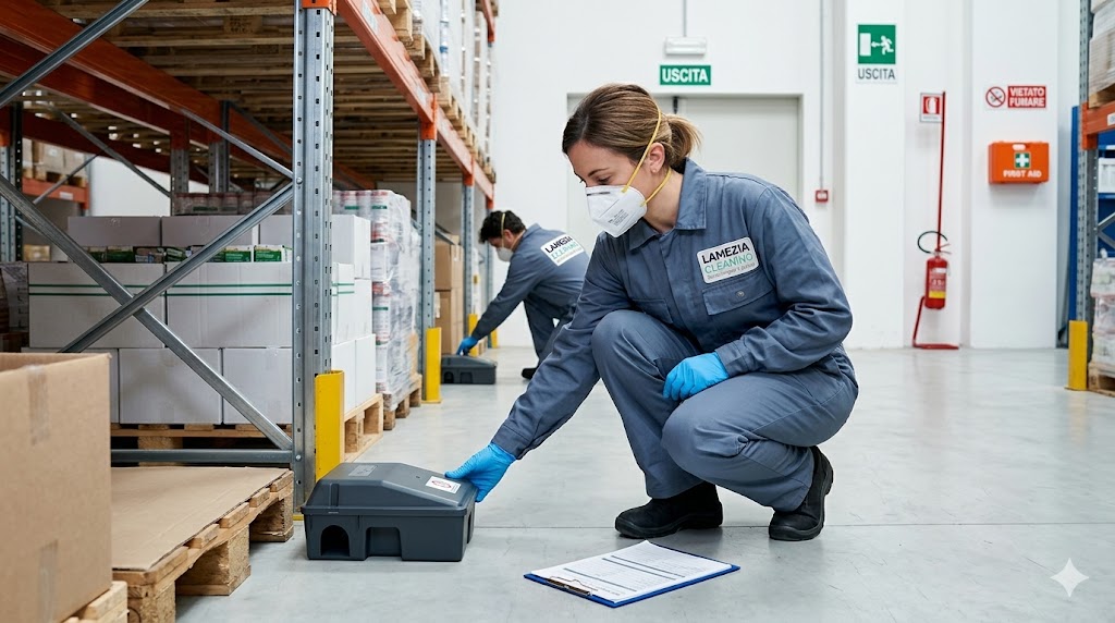Tecnico Lamezia Cleaning durante intervento di derattizzazione e disinfestazione certificato D.M. 274/1997 in Calabria