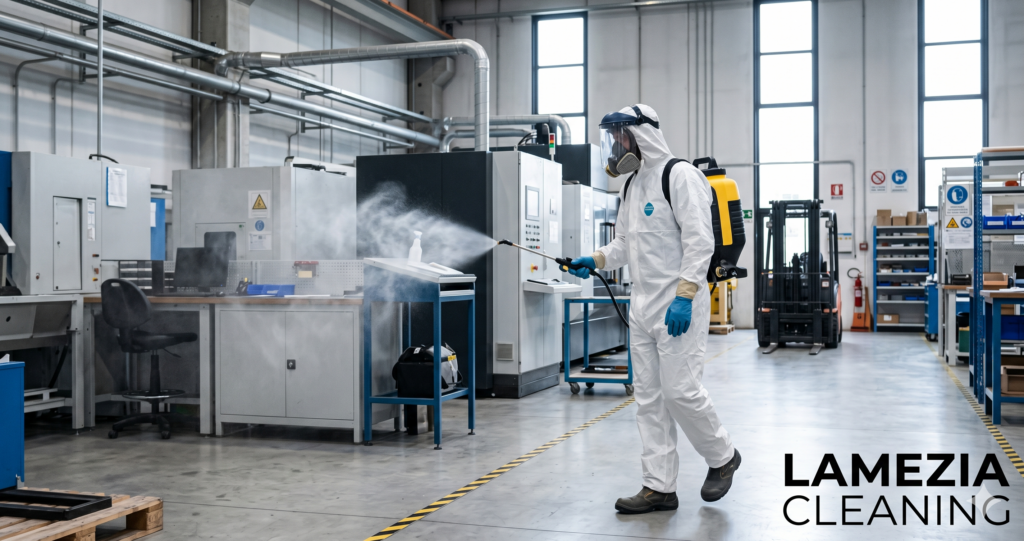 Operatore specializzato durante un intervento di sanificazione certificata in ambiente di lavoro industriale con attrezzatura professionale.