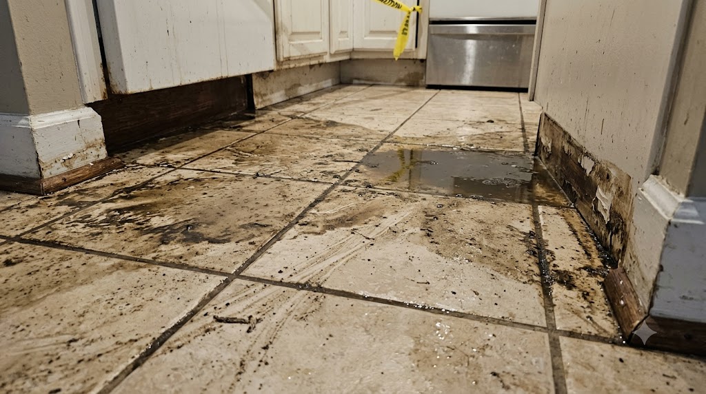 Pavimento cucina contaminato post-allagamento fognario - Lamezia Cleaning