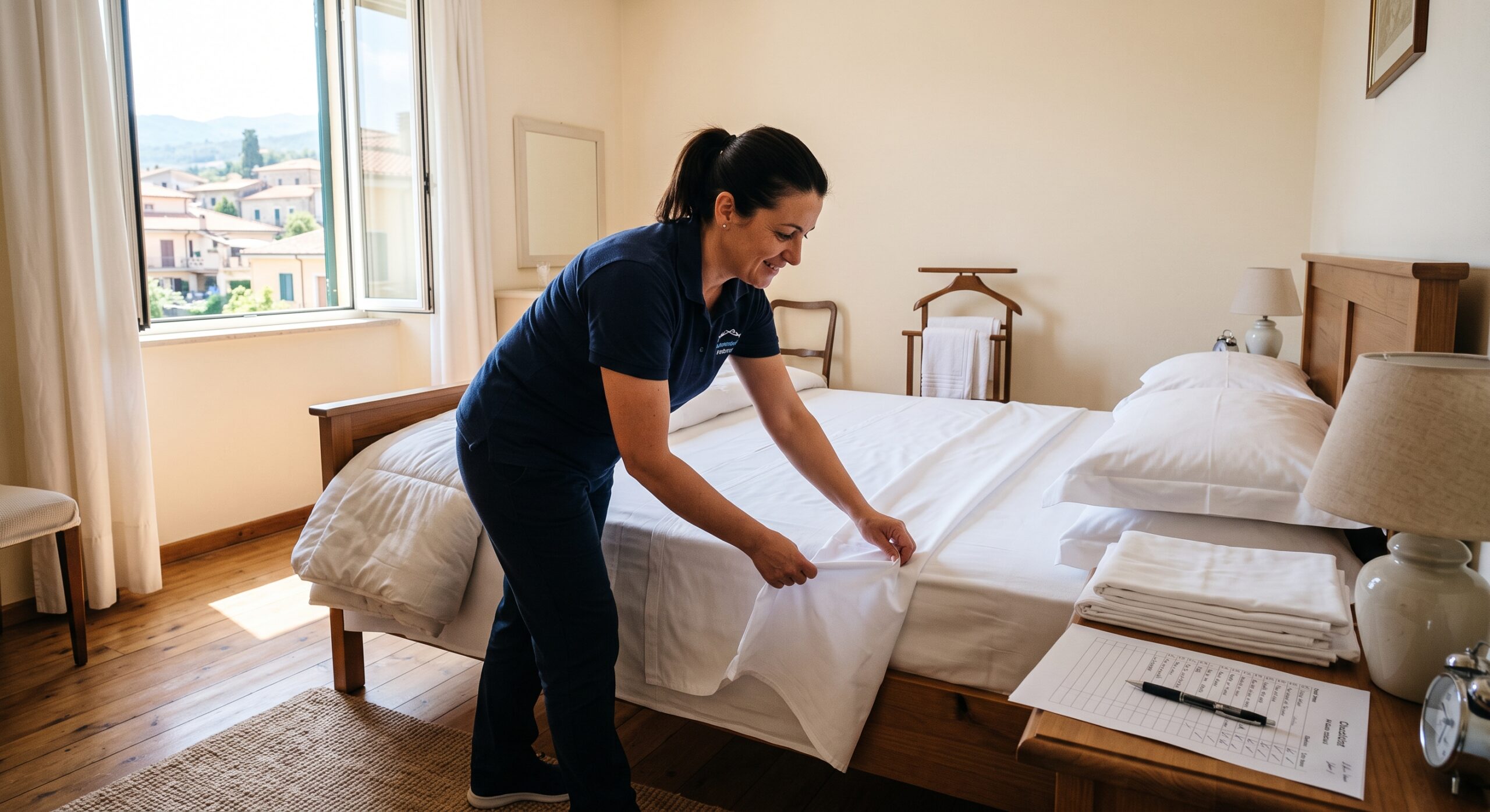 Rifacimento letto checklist cambio ospiti Operatrice Lamezia Cleaning rifà il letto seguendo la checklist di cambio ospiti