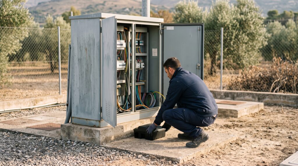 Operatore Lamezia Cleaning posiziona una postazione di monitoraggio roditori alla base di un cabinato elettrico esterno