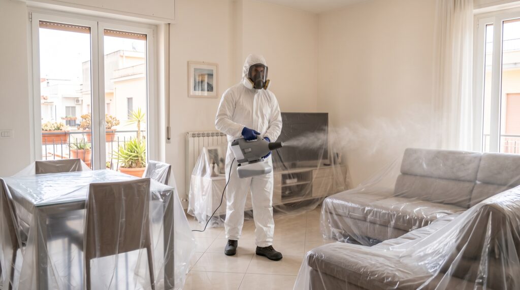 Operatore Lamezia Cleaning esegue la fumigazione di un soggiorno con nebulizzatore professionale