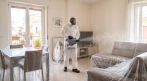 Operatore Lamezia Cleaning esegue la fumigazione di un soggiorno con nebulizzatore professionale