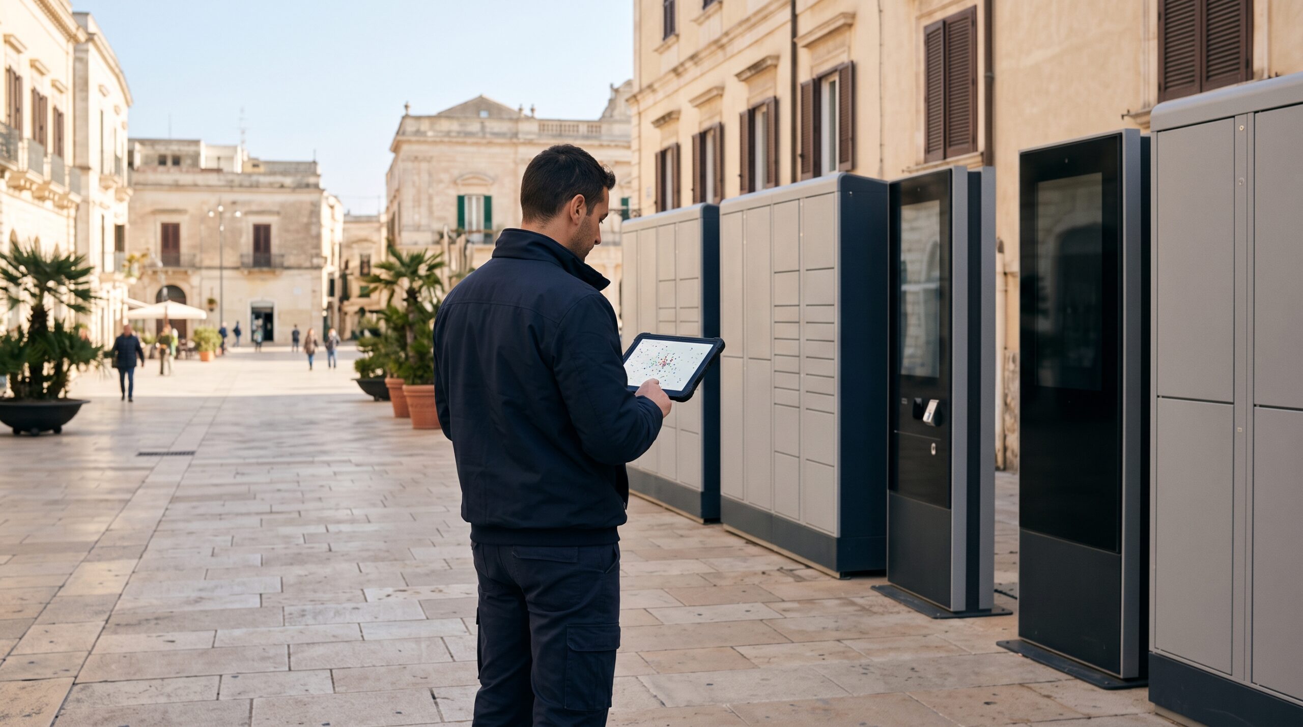 Tecnico registra su tablet l'esito del controllo di una rete di totem e locker