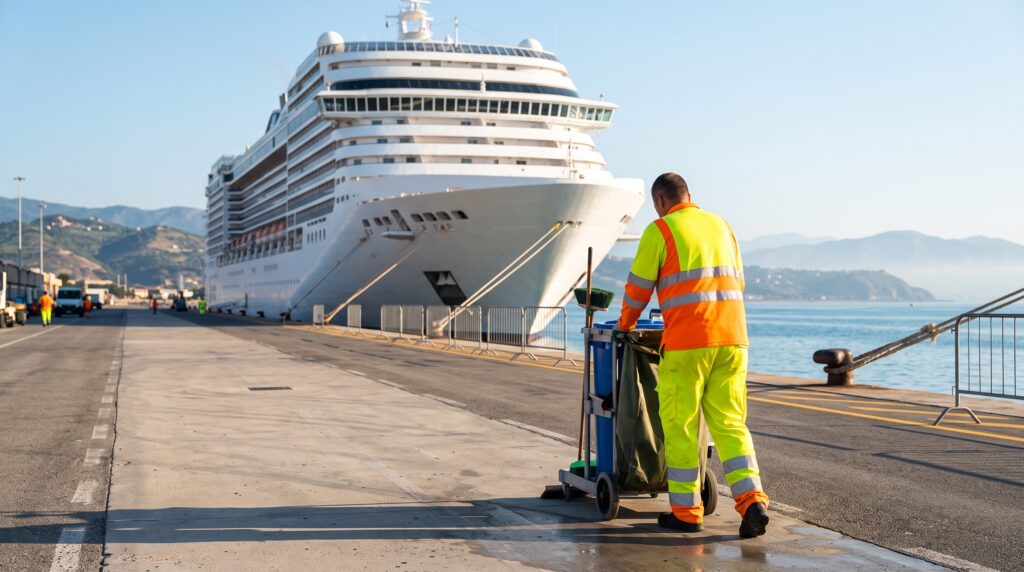 Pulizia professionale della banchina e dell'area di imbarco di un terminal crociere