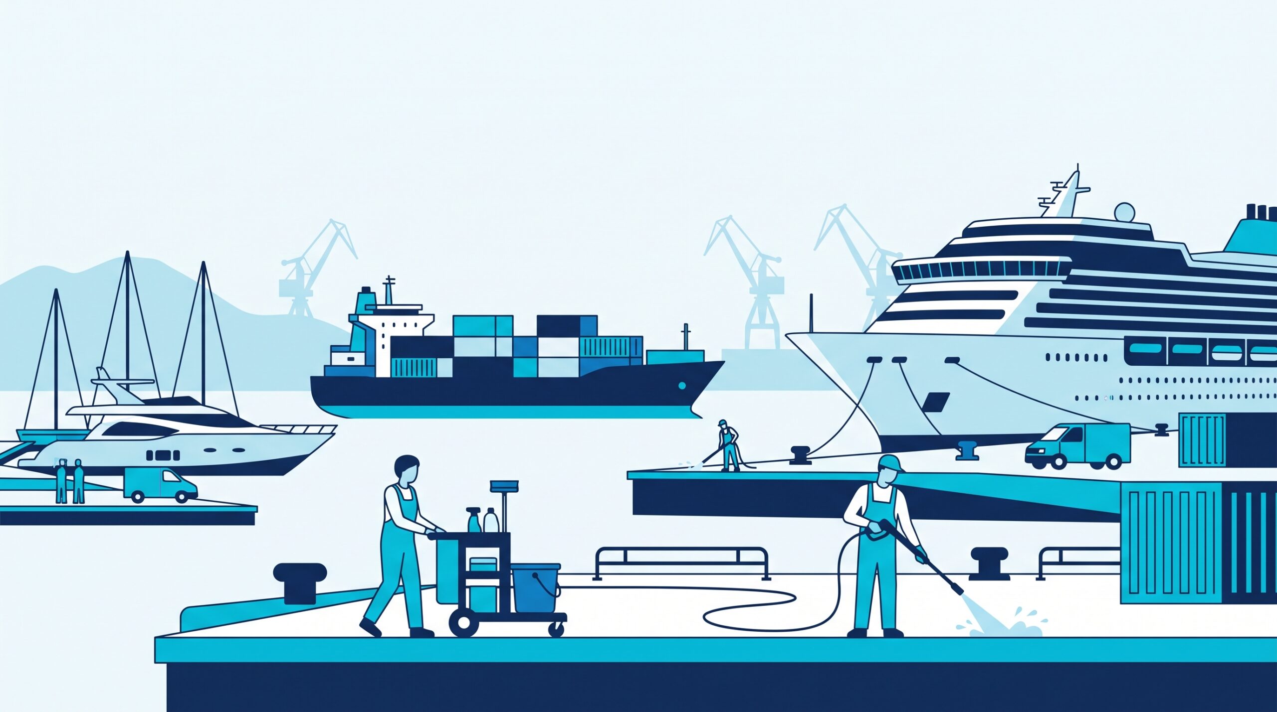 Illustrazione di un porto con nave passeggeri, nave cargo e yacht, con operatori della pulizia sulla banchina